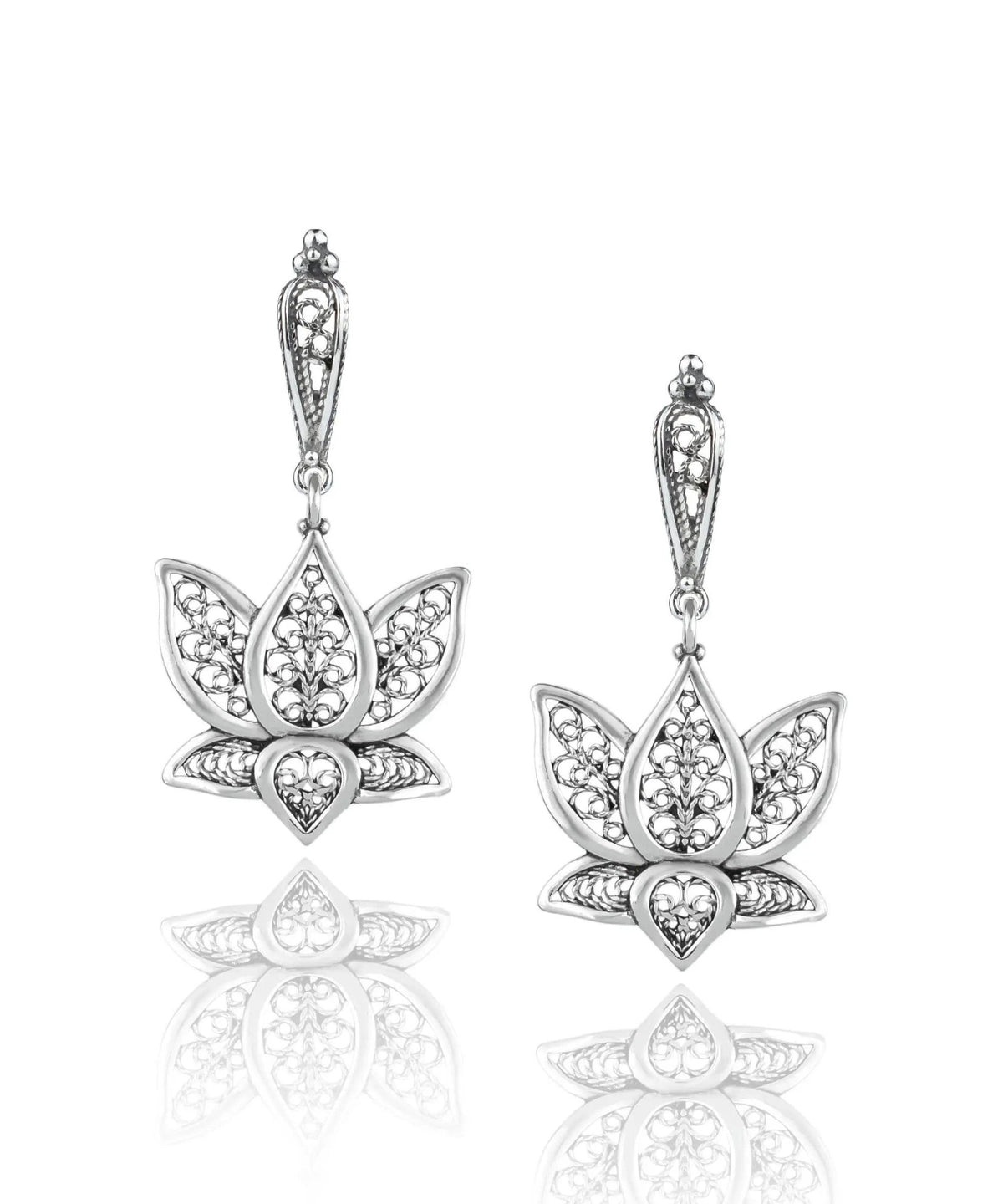 Filigree Art Lotus Flower Women Silver Dangle Drop Earrings - Drakoi Marketplace