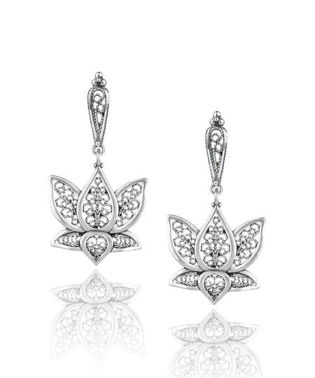 Filigree Art Lotus Flower Women Silver Dangle Drop Earrings - Drakoi Marketplace