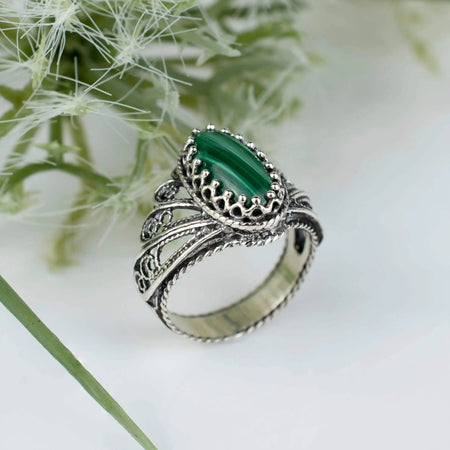 Filigree Art Malachite Gemstone Angel Design Women Silver Cocktail Ring - Drakoi Marketplace