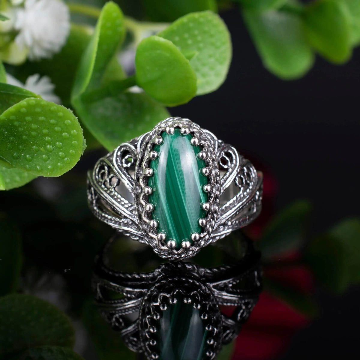 Filigree Art Malachite Gemstone Angel Design Women Silver Cocktail Ring - Drakoi Marketplace