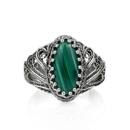 Filigree Art Malachite Gemstone Angel Design Women Silver Cocktail Ring - Drakoi Marketplace