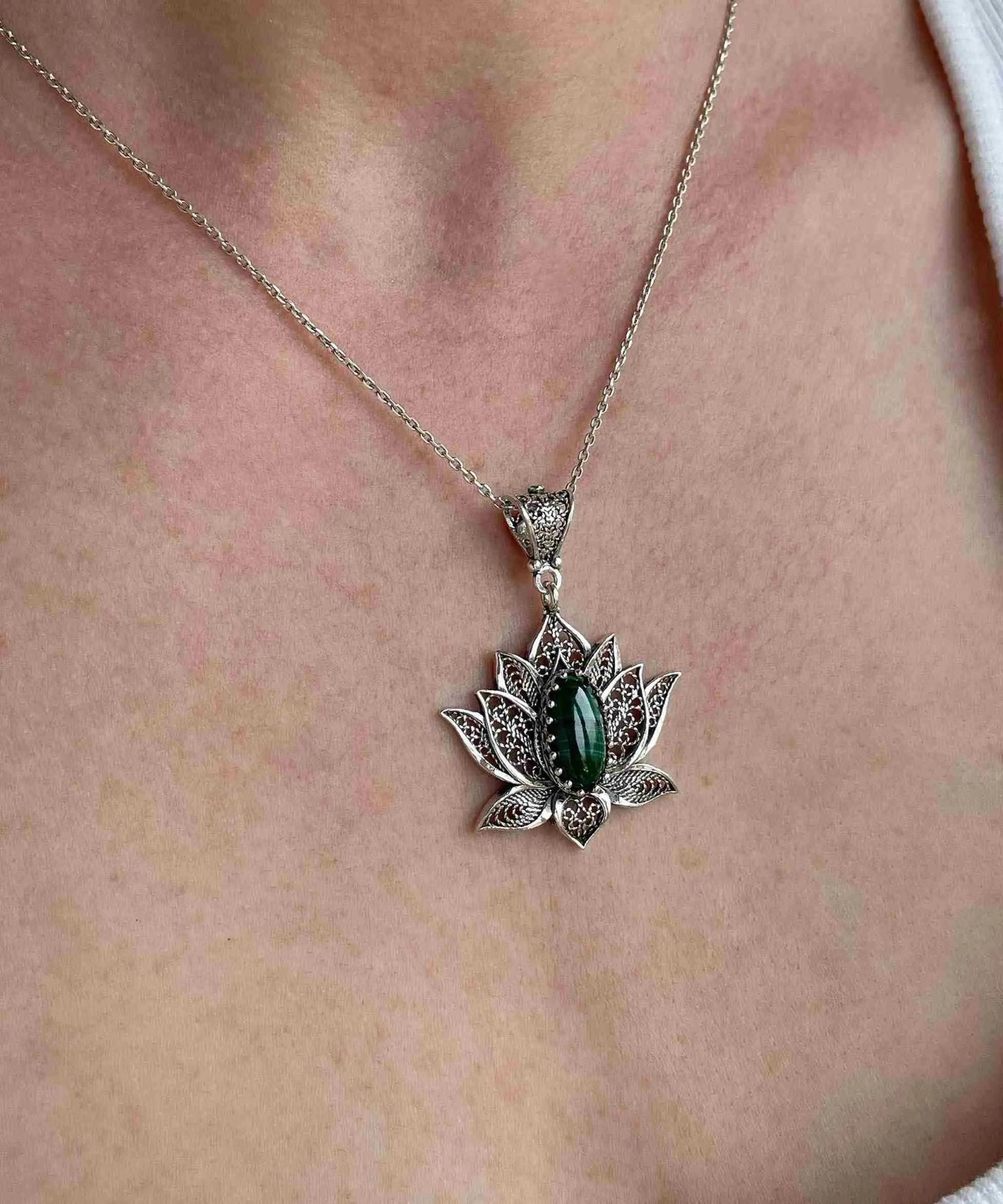 Filigree Art Malachite Gemstone Blossoming Lotus Flower Women Silver Pendant Necklace - Drakoi Marketplace