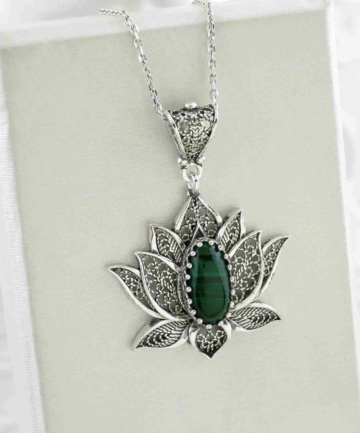 Filigree Art Malachite Gemstone Blossoming Lotus Flower Women Silver Pendant Necklace - Drakoi Marketplace