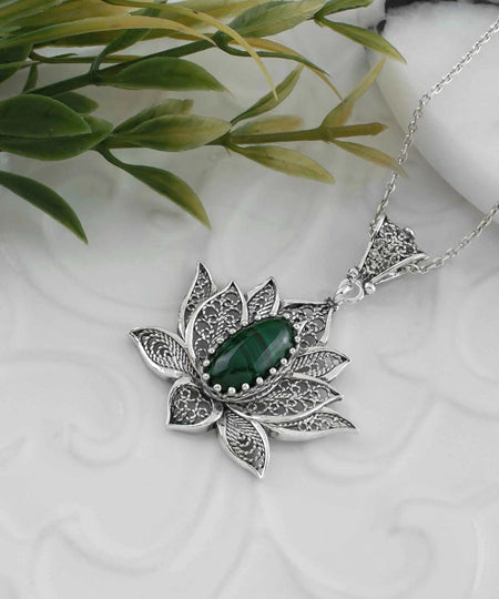 Filigree Art Malachite Gemstone Blossoming Lotus Flower Women Silver Pendant Necklace - Drakoi Marketplace