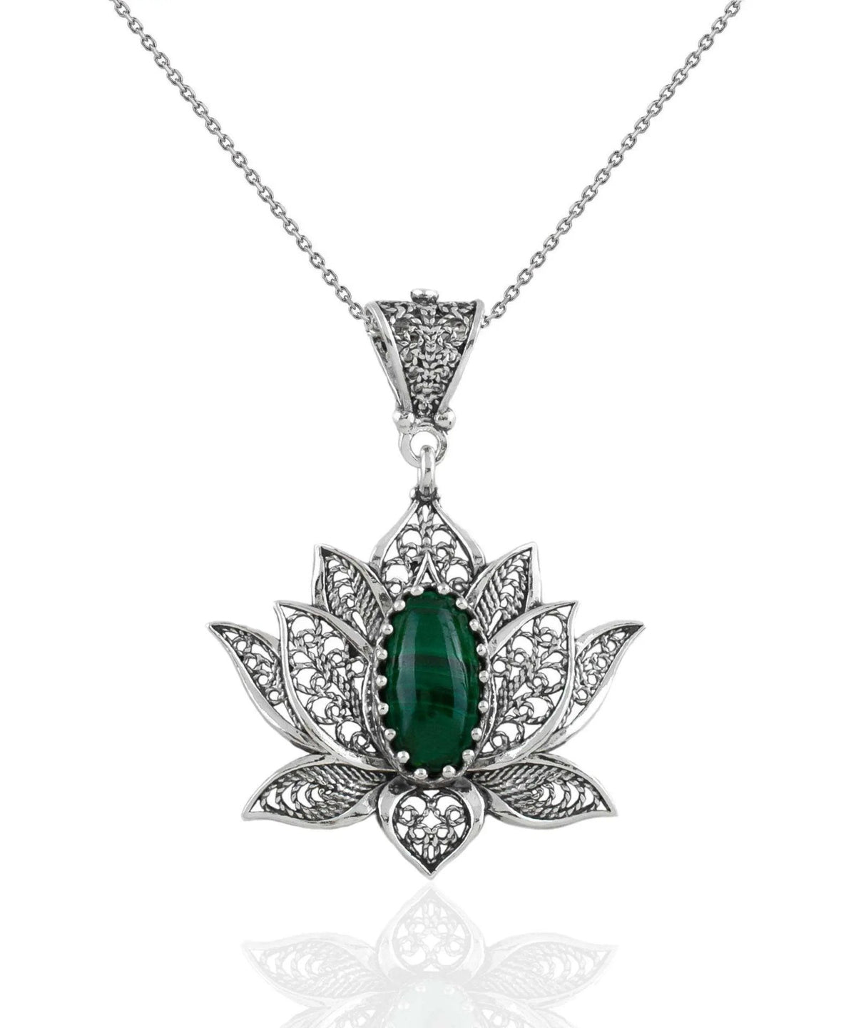 Filigree Art Malachite Gemstone Blossoming Lotus Flower Women Silver Pendant Necklace - Drakoi Marketplace