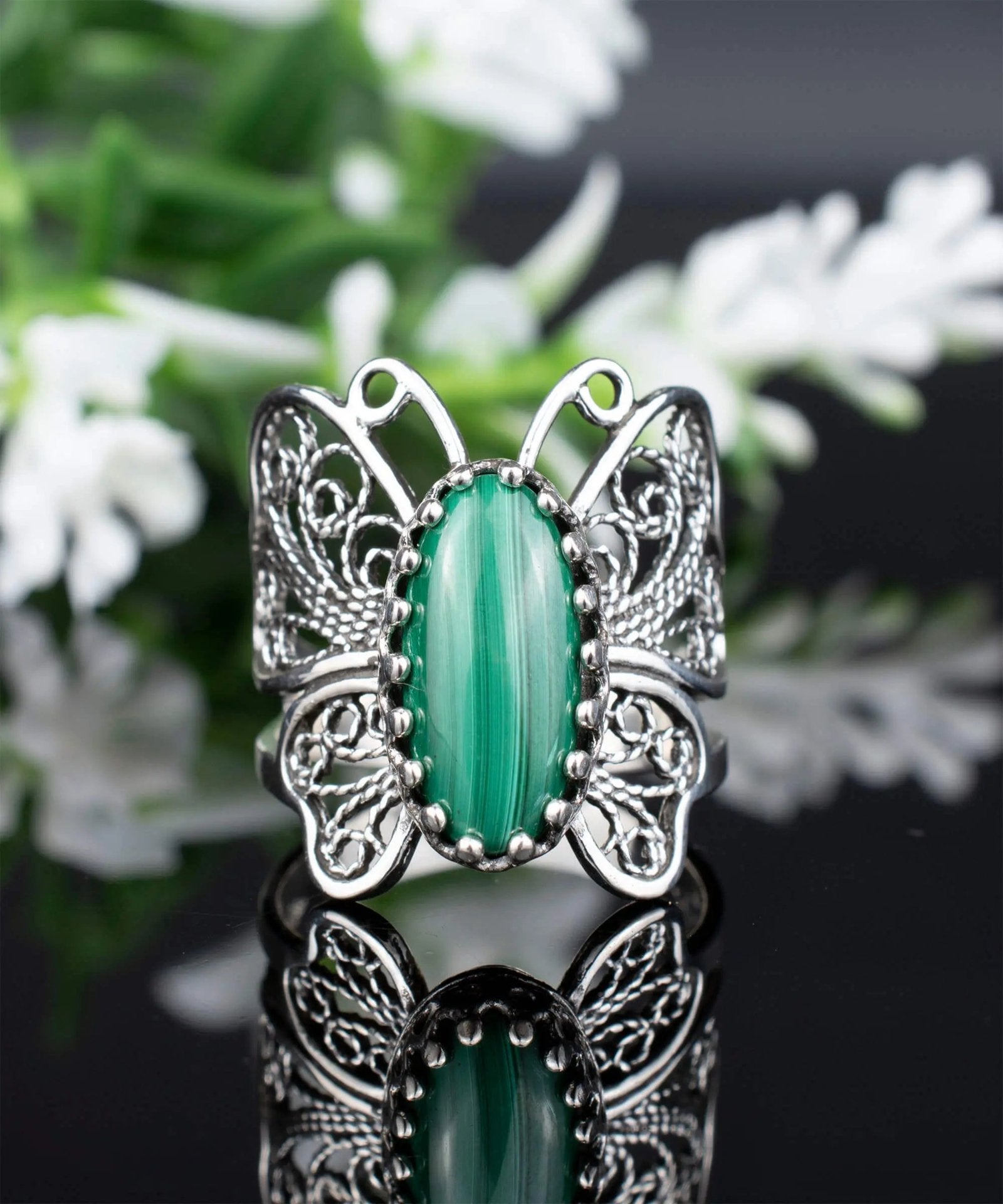 Filigree Art Malachite Gemstone Butterfly Design Women Silver Cocktail Ring - Drakoi Marketplace