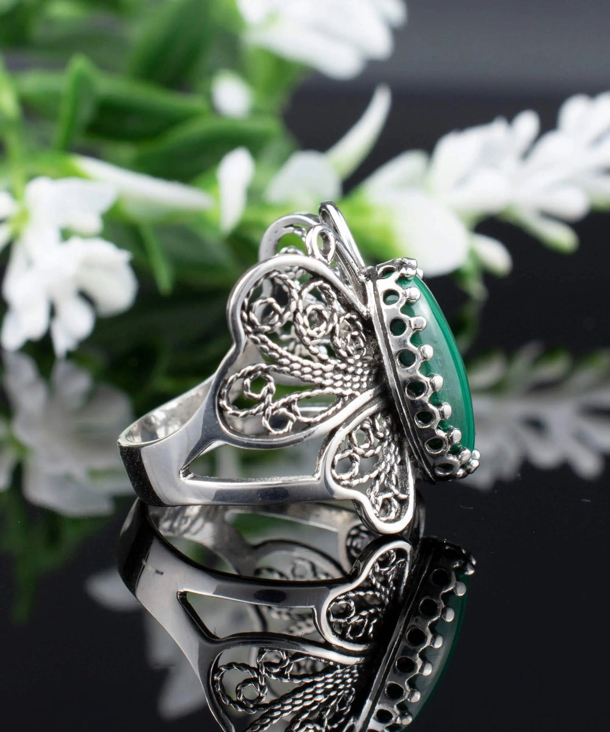 Filigree Art Malachite Gemstone Butterfly Design Women Silver Cocktail Ring - Drakoi Marketplace