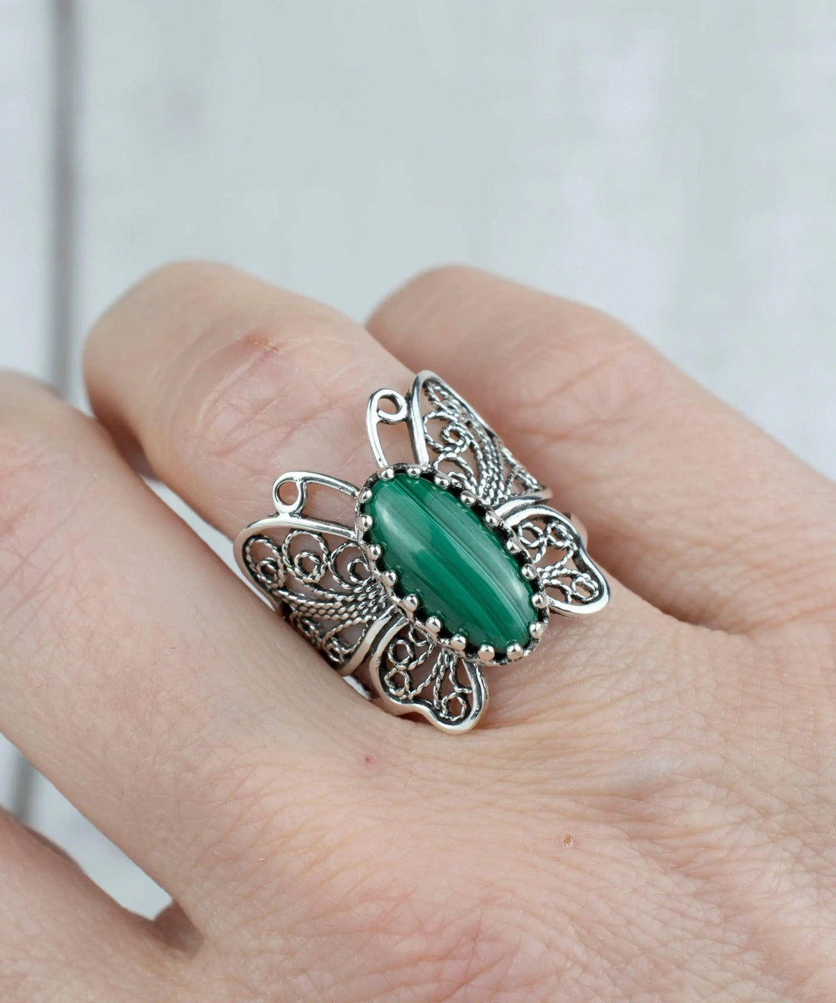 Filigree Art Malachite Gemstone Butterfly Design Women Silver Cocktail Ring - Drakoi Marketplace