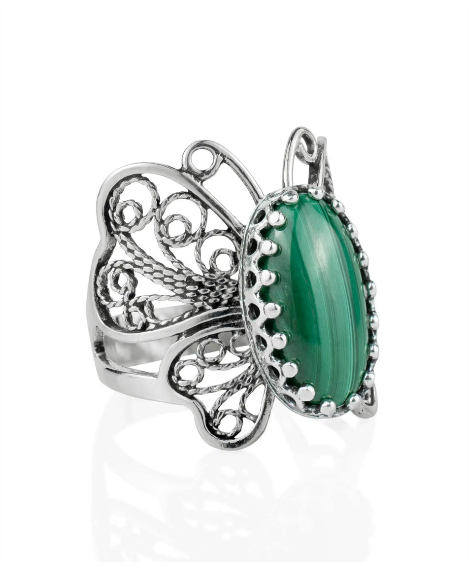 Filigree Art Malachite Gemstone Butterfly Design Women Silver Cocktail Ring - Drakoi Marketplace