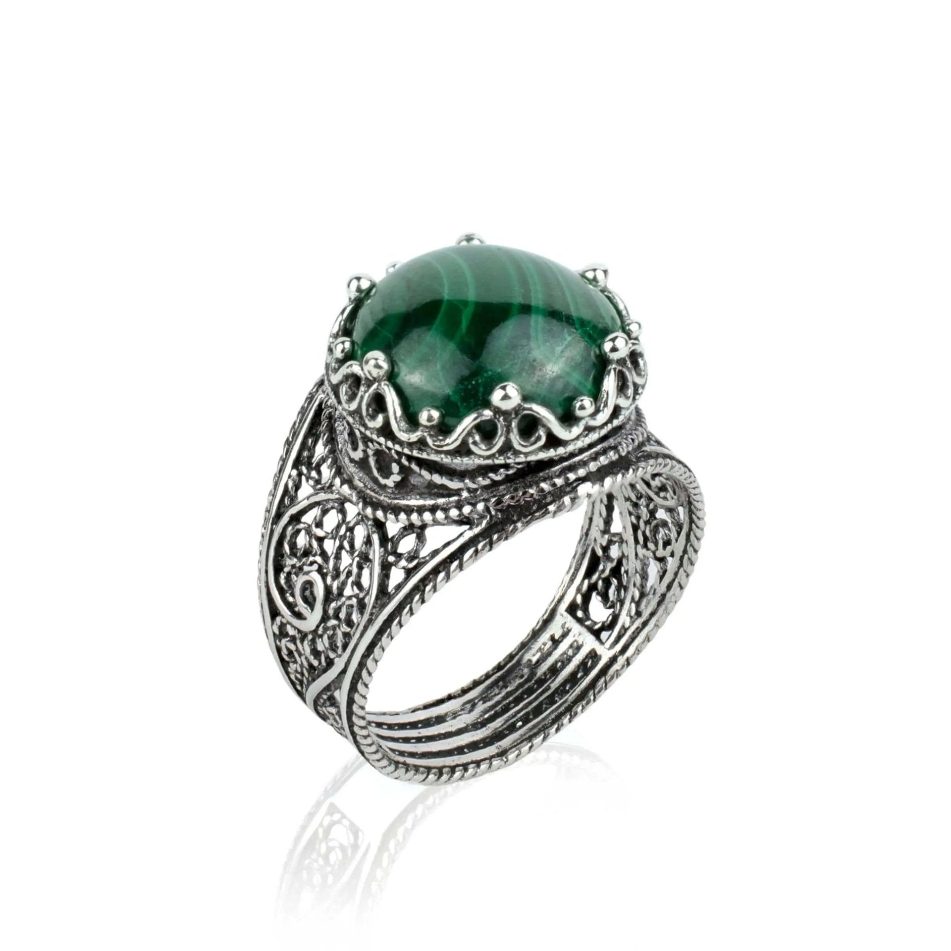 Filigree Art Malachite Gemstone Crown Design Women Silver Cocktail Ring - Drakoi Marketplace