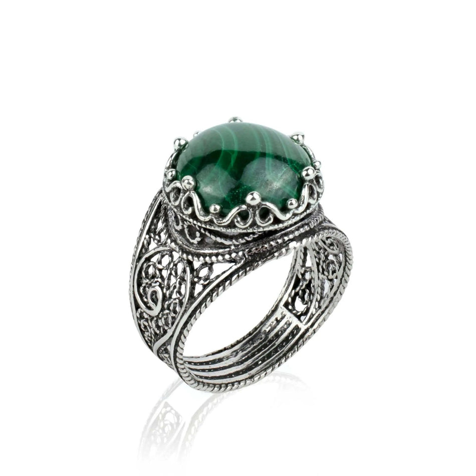 Filigree Art Malachite Gemstone Crown Design Women Silver Cocktail Ring - Drakoi Marketplace