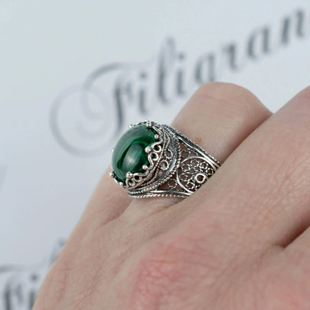 Filigree Art Malachite Gemstone Crown Design Women Silver Cocktail Ring - Drakoi Marketplace