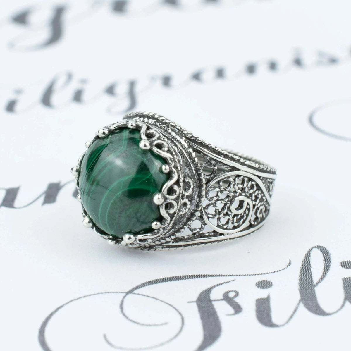 Filigree Art Malachite Gemstone Crown Design Women Silver Cocktail Ring - Drakoi Marketplace