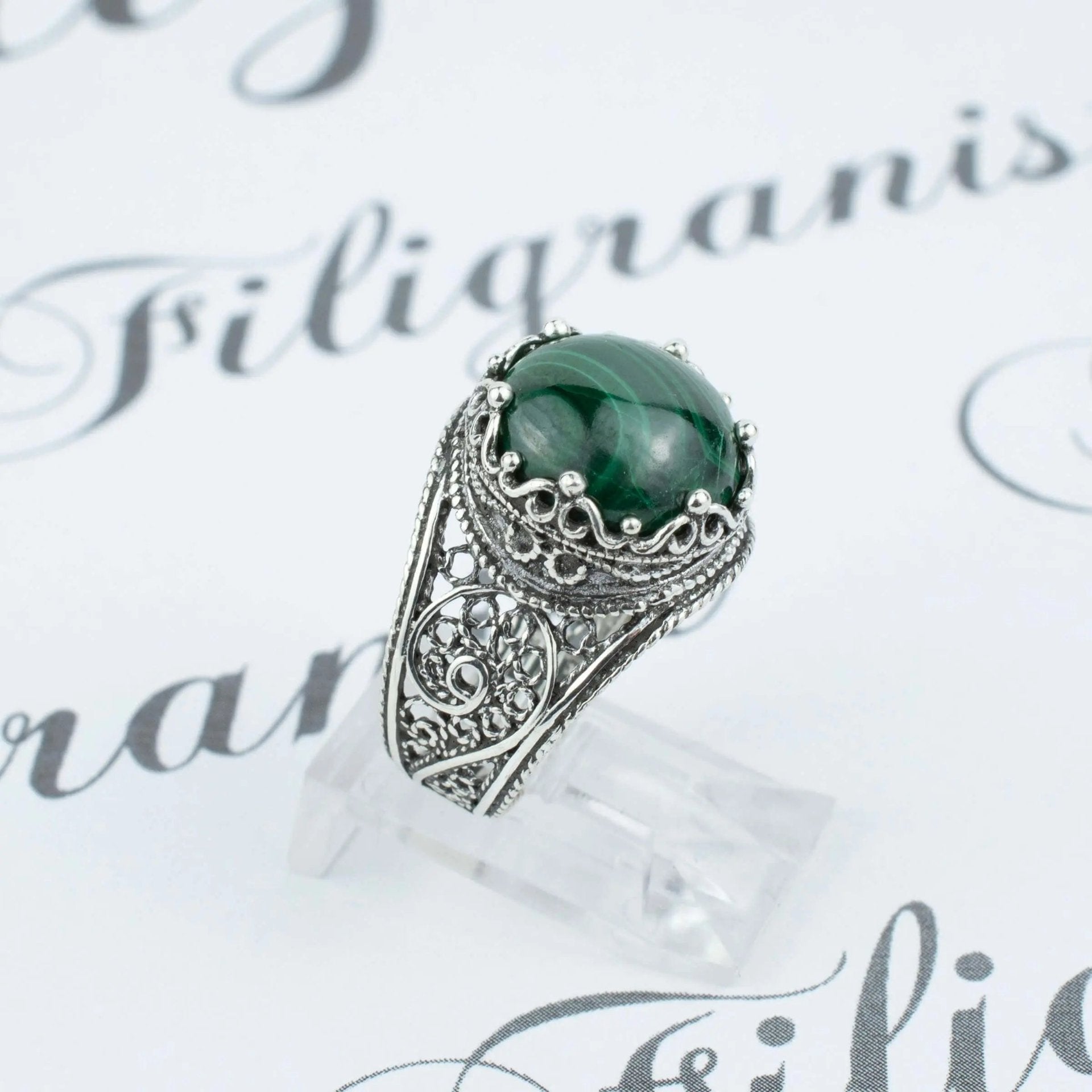 Filigree Art Malachite Gemstone Crown Design Women Silver Cocktail Ring - Drakoi Marketplace