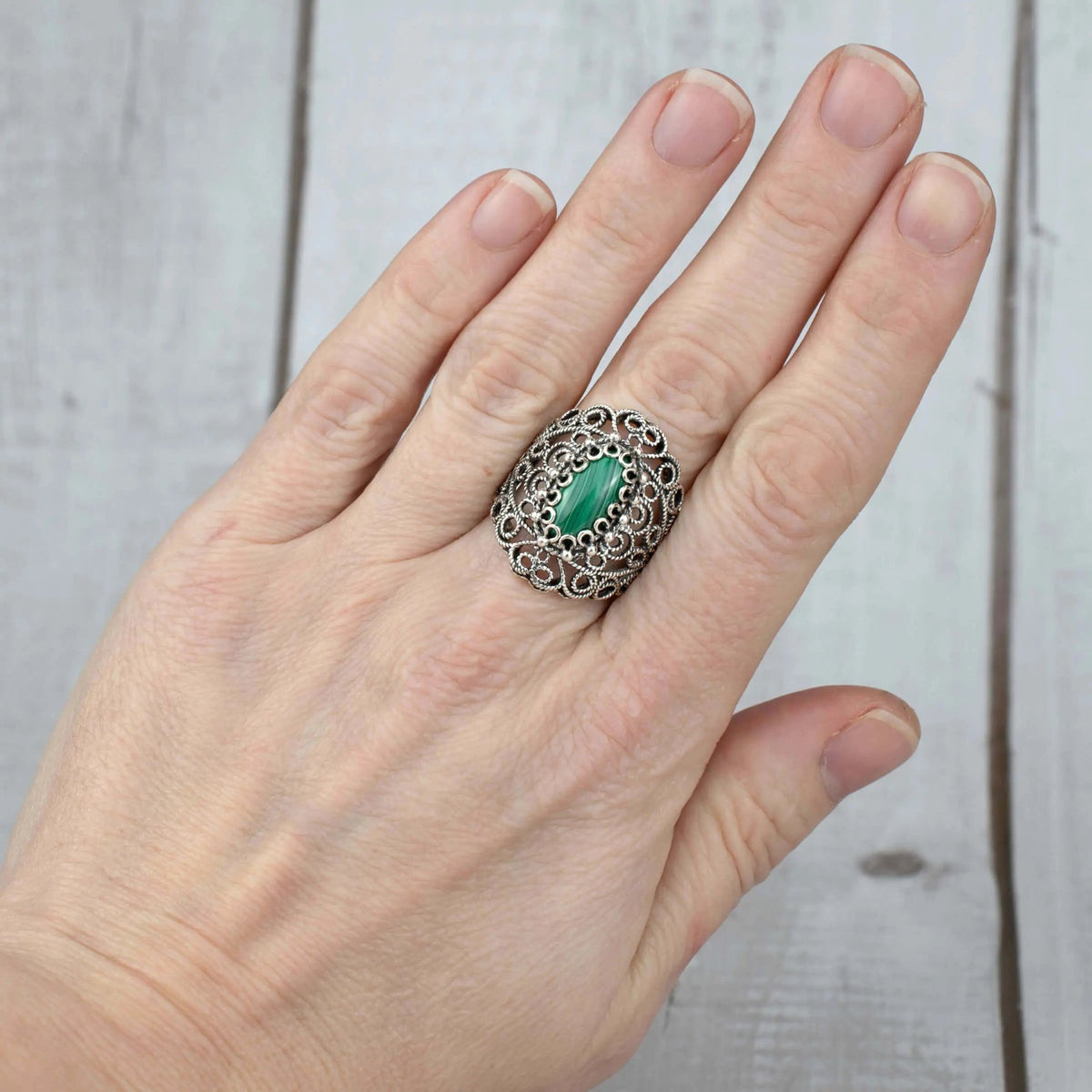 Filigree Art Malachite Gemstone Lace Detailed Women Silver Statement Ring - Drakoi Marketplace