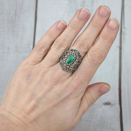 Filigree Art Malachite Gemstone Lace Detailed Women Silver Statement Ring - Drakoi Marketplace