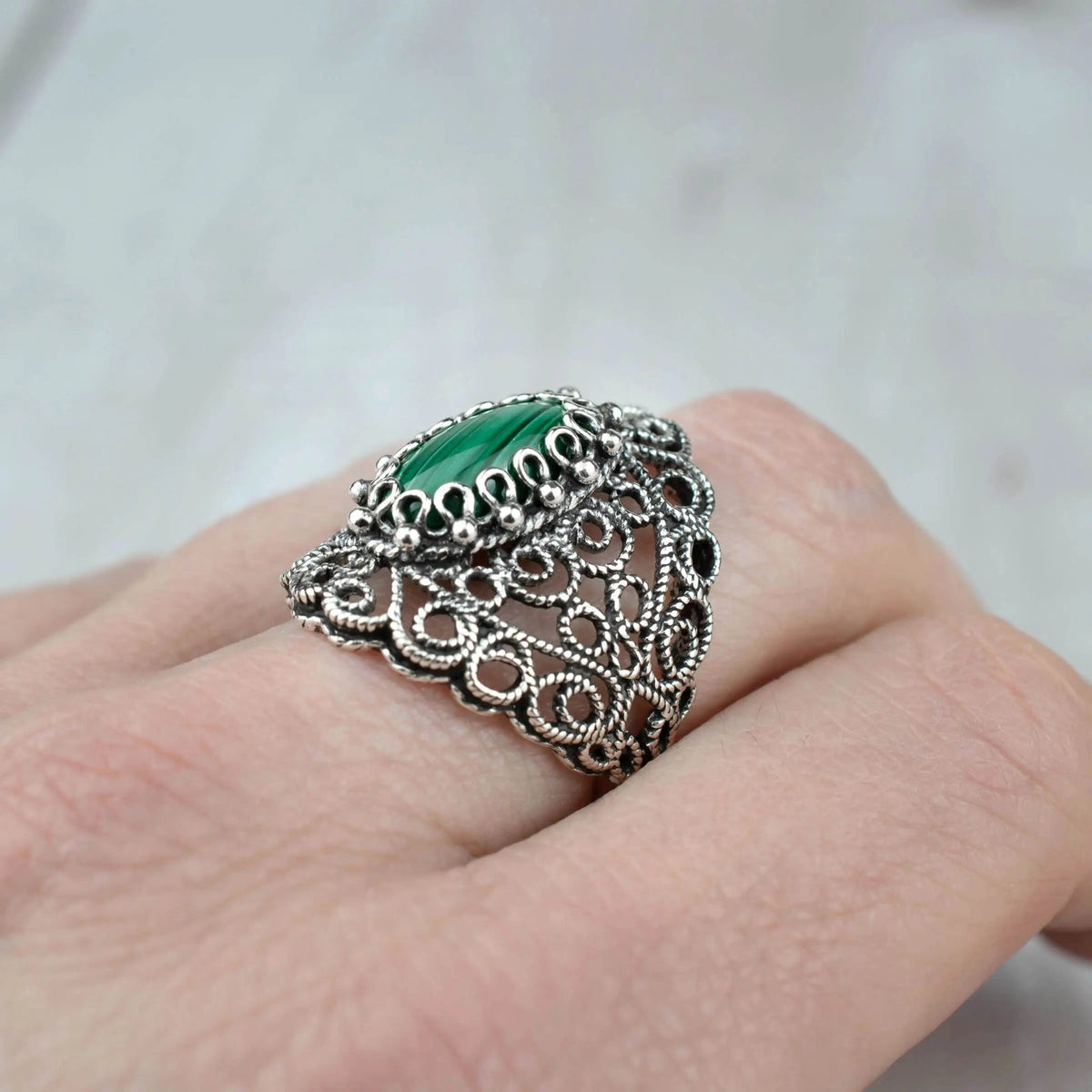 Filigree Art Malachite Gemstone Lace Detailed Women Silver Statement Ring - Drakoi Marketplace