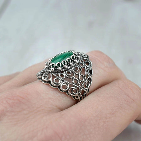 Filigree Art Malachite Gemstone Lace Detailed Women Silver Statement Ring - Drakoi Marketplace