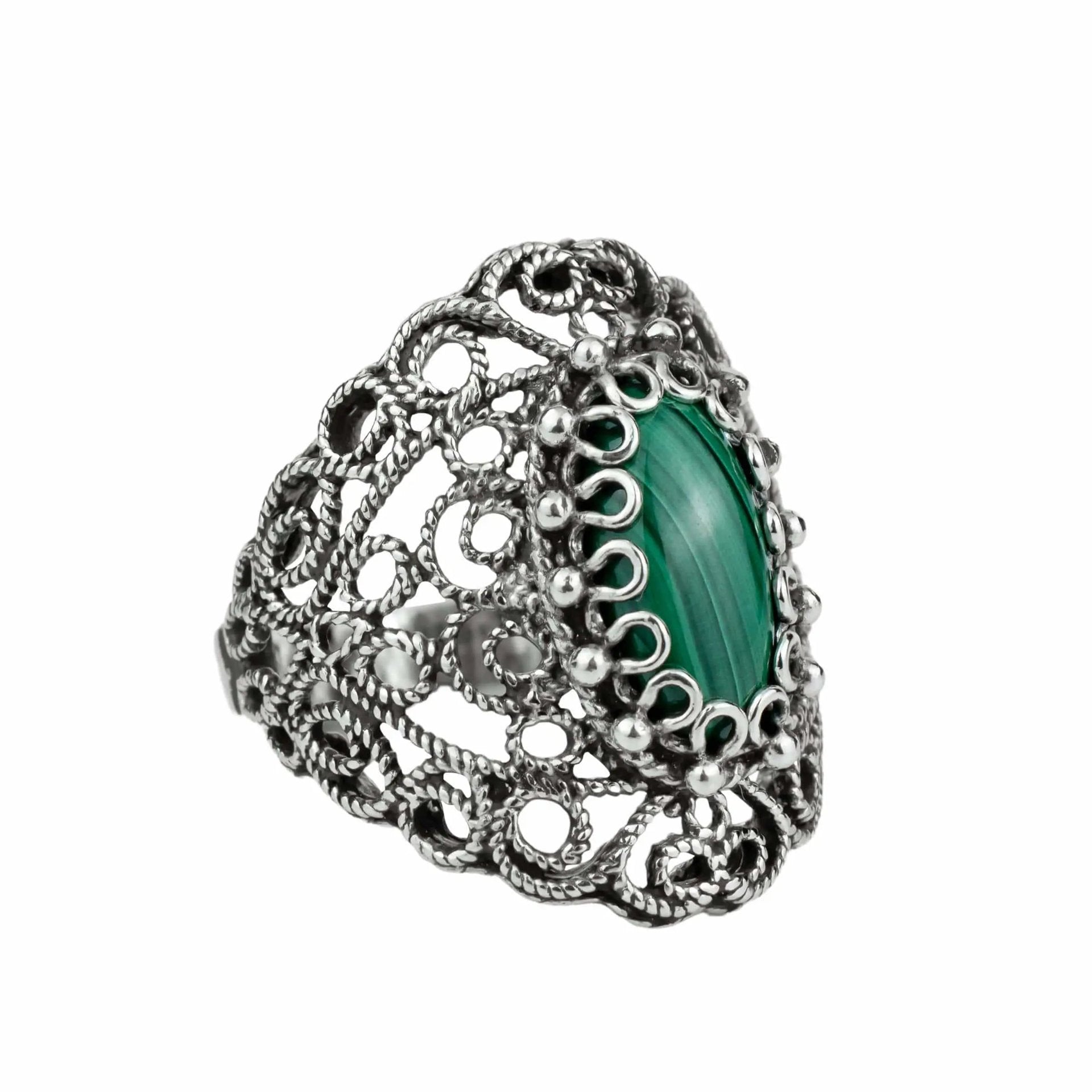 Filigree Art Malachite Gemstone Lace Detailed Women Silver Statement Ring - Drakoi Marketplace