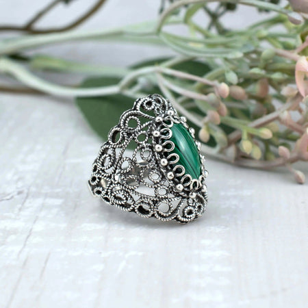 Filigree Art Malachite Gemstone Lace Detailed Women Silver Statement Ring - Drakoi Marketplace