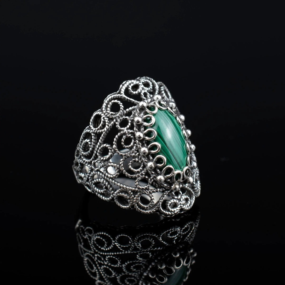 Filigree Art Malachite Gemstone Lace Detailed Women Silver Statement Ring - Drakoi Marketplace