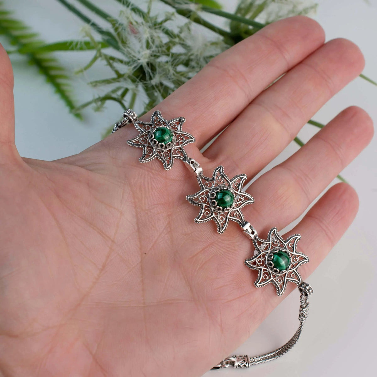 Filigree Art Malachite Gemstone Star Figured Women Silver Link Bracelet - Drakoi Marketplace