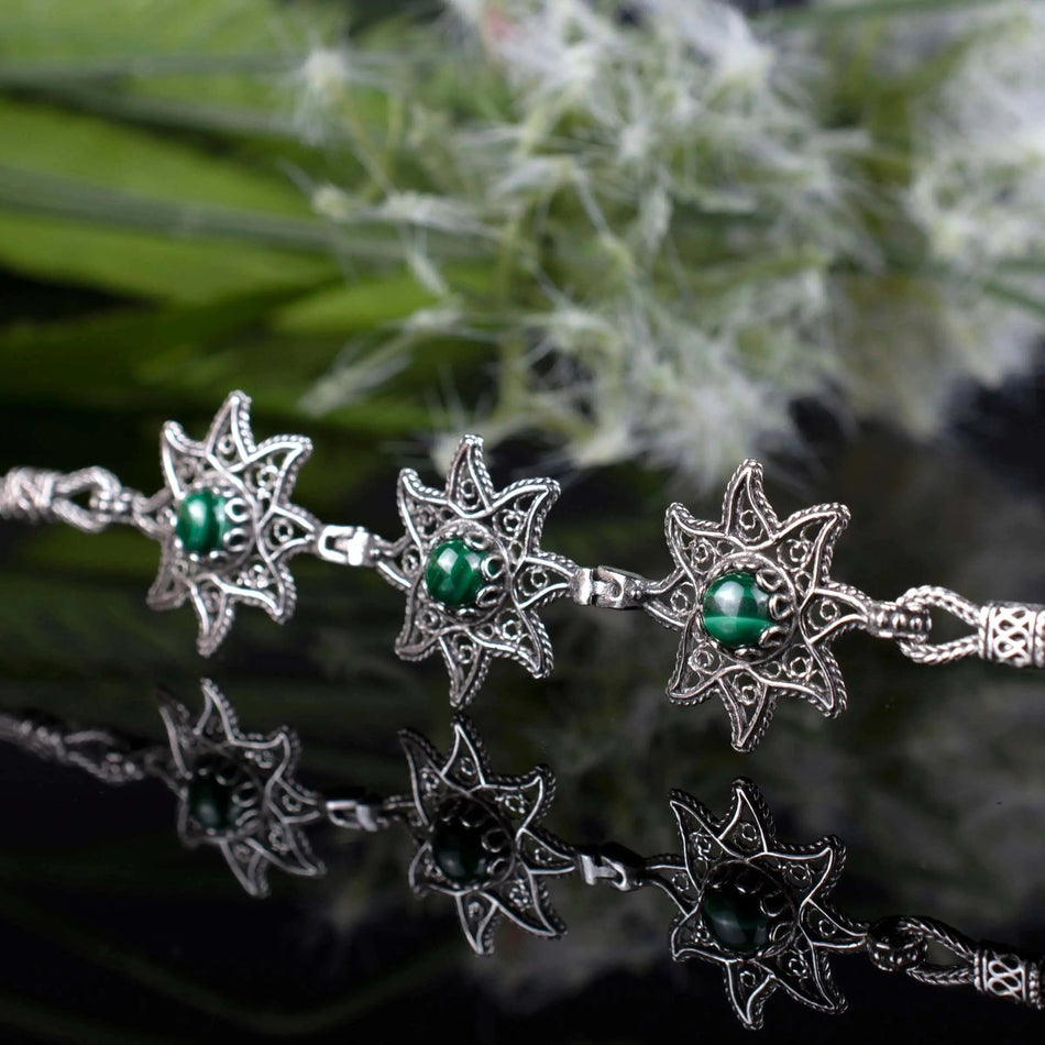 Filigree Art Malachite Gemstone Star Figured Women Silver Link Bracelet - Drakoi Marketplace