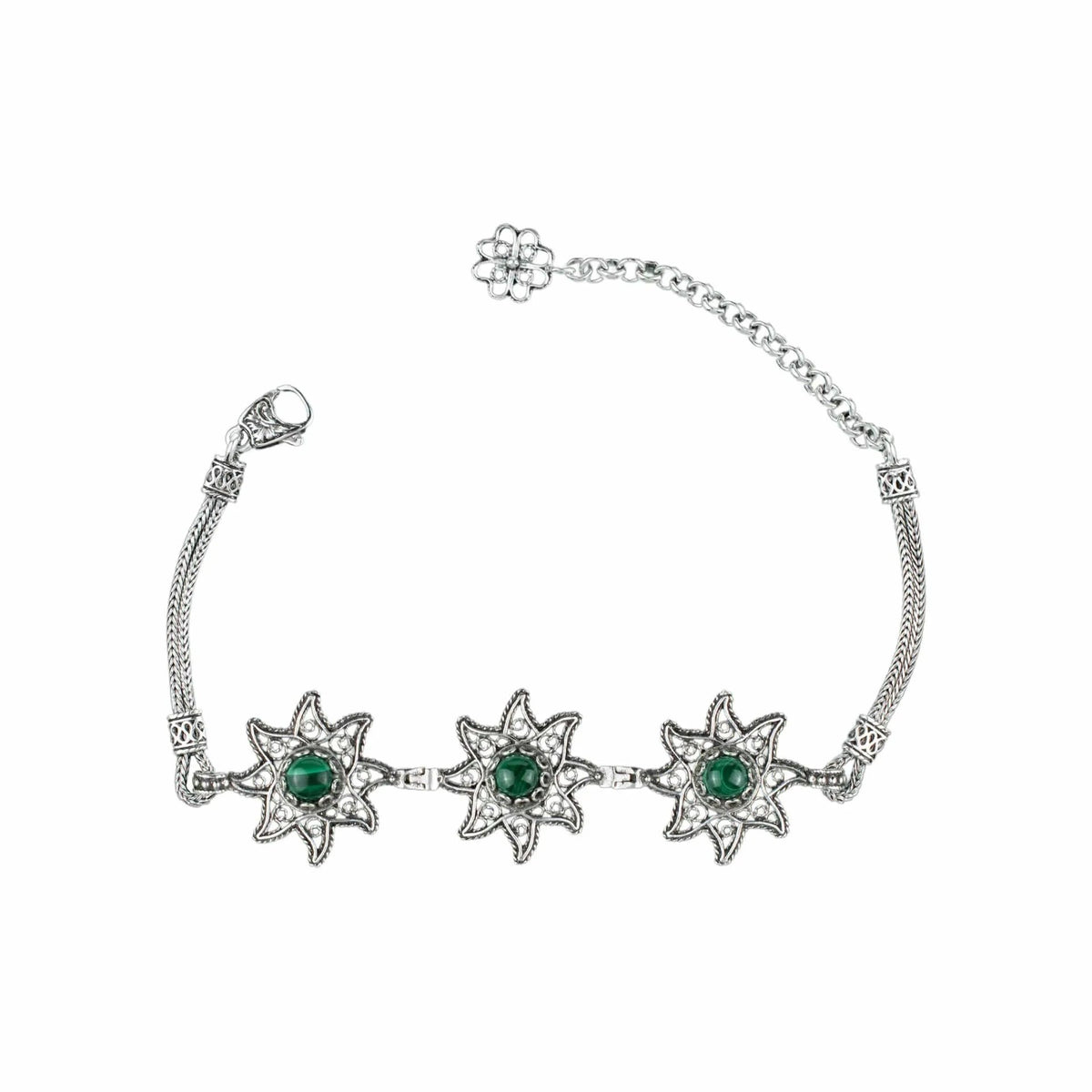 Filigree Art Malachite Gemstone Star Figured Women Silver Link Bracelet - Drakoi Marketplace