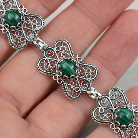 Filigree Art Malachite Gemstone Women Butterfly Silver Link Bracelet - Drakoi Marketplace