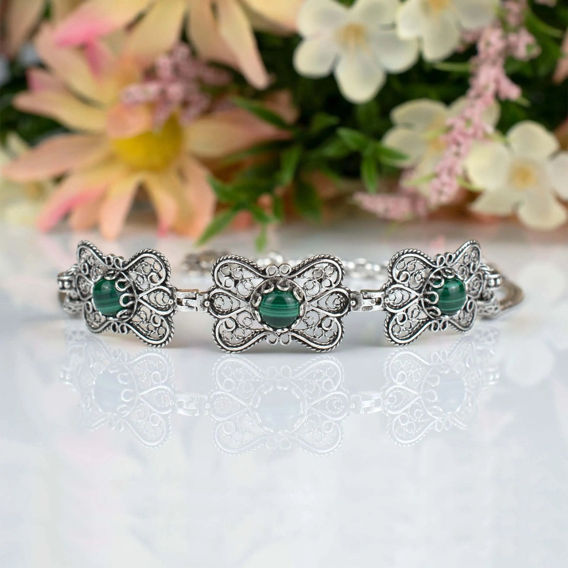 Filigree Art Malachite Gemstone Women Butterfly Silver Link Bracelet - Drakoi Marketplace