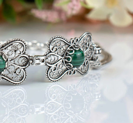 Filigree Art Malachite Gemstone Women Butterfly Silver Link Bracelet - Drakoi Marketplace