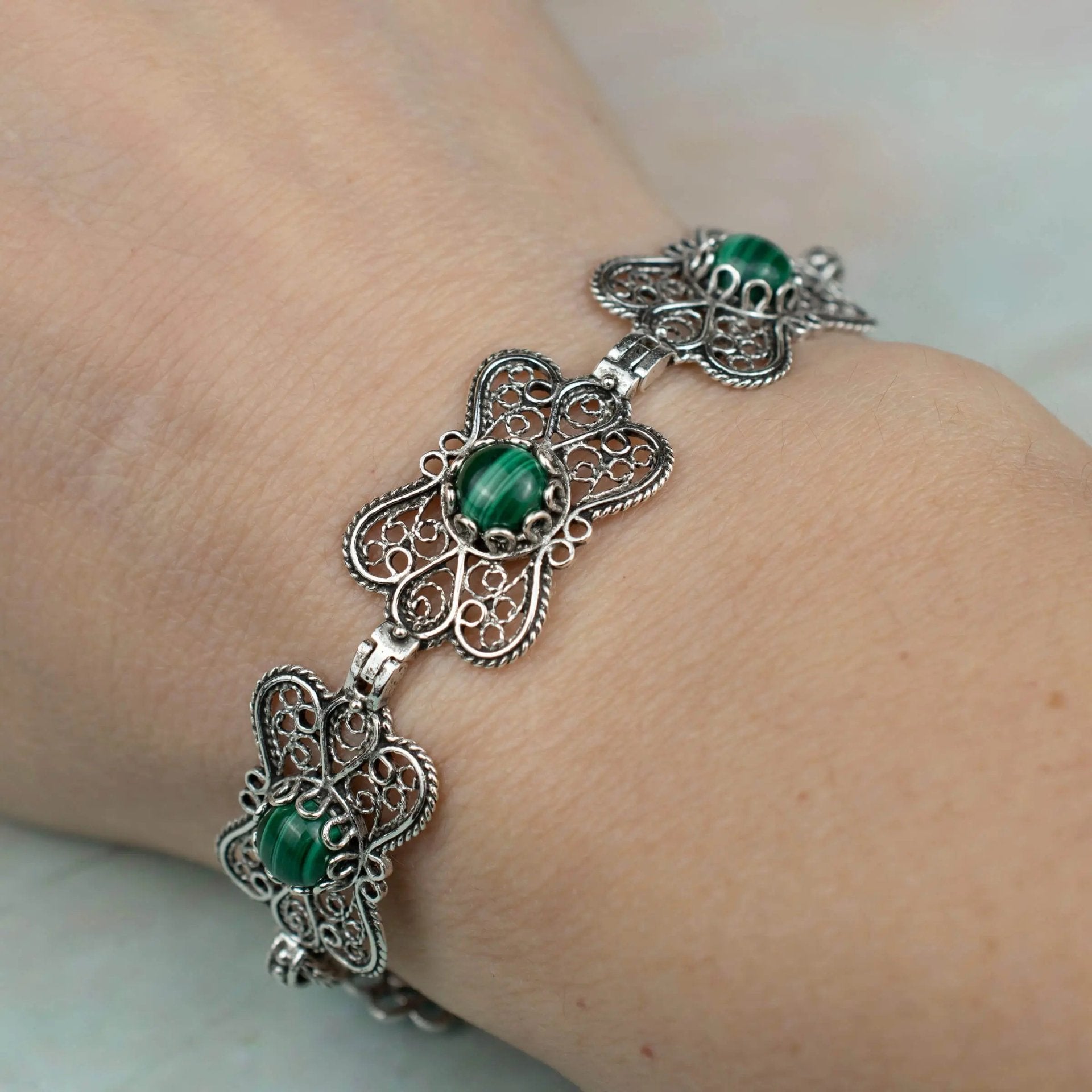 Filigree Art Malachite Gemstone Women Butterfly Silver Link Bracelet - Drakoi Marketplace