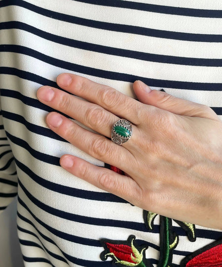 Filigree Art Malachite Gemstone Women Oval Silver Cocktail Ring - Drakoi Marketplace