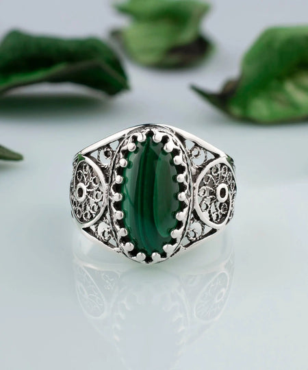 Filigree Art Malachite Gemstone Women Oval Silver Cocktail Ring - Drakoi Marketplace