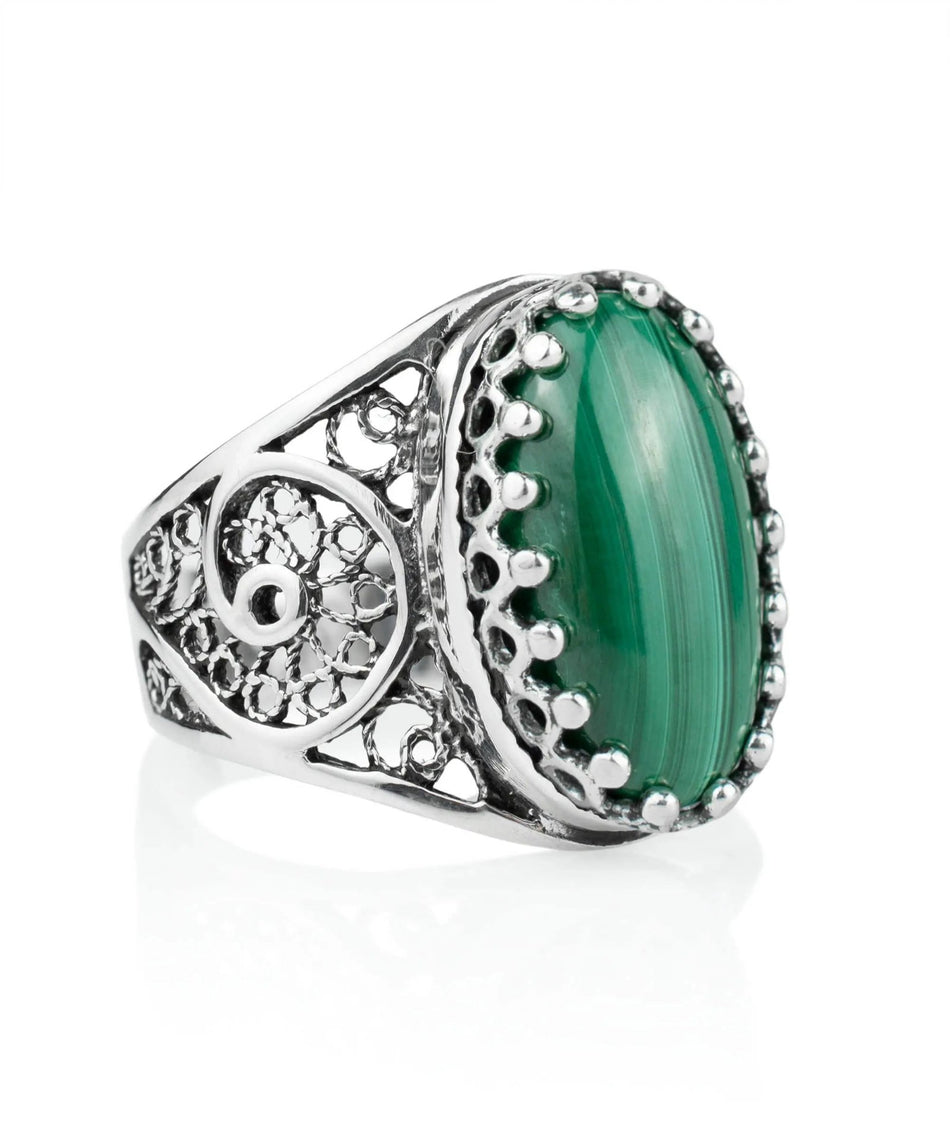 Filigree Art Malachite Gemstone Women Oval Silver Cocktail Ring - Drakoi Marketplace