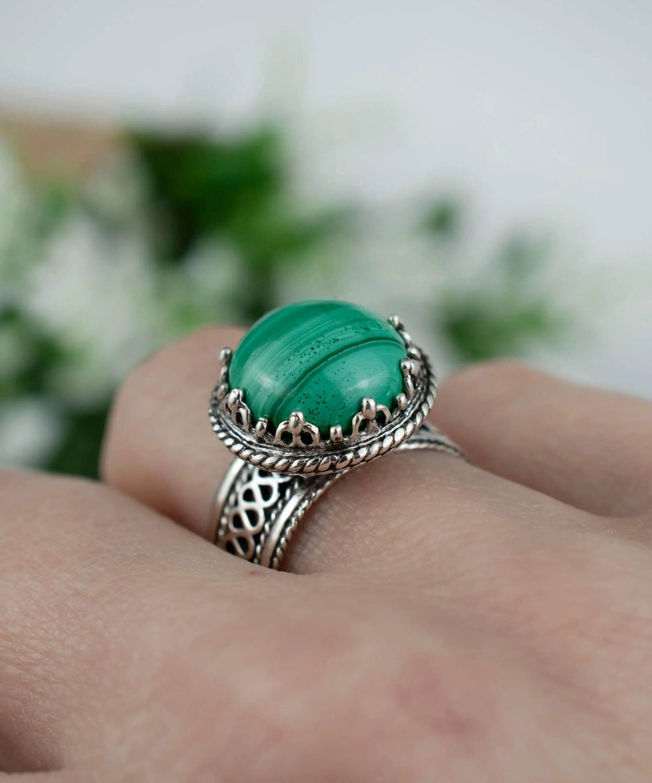 Filigree Art Malachite Gemstone Women Silver Cocktail Ring - Drakoi Marketplace