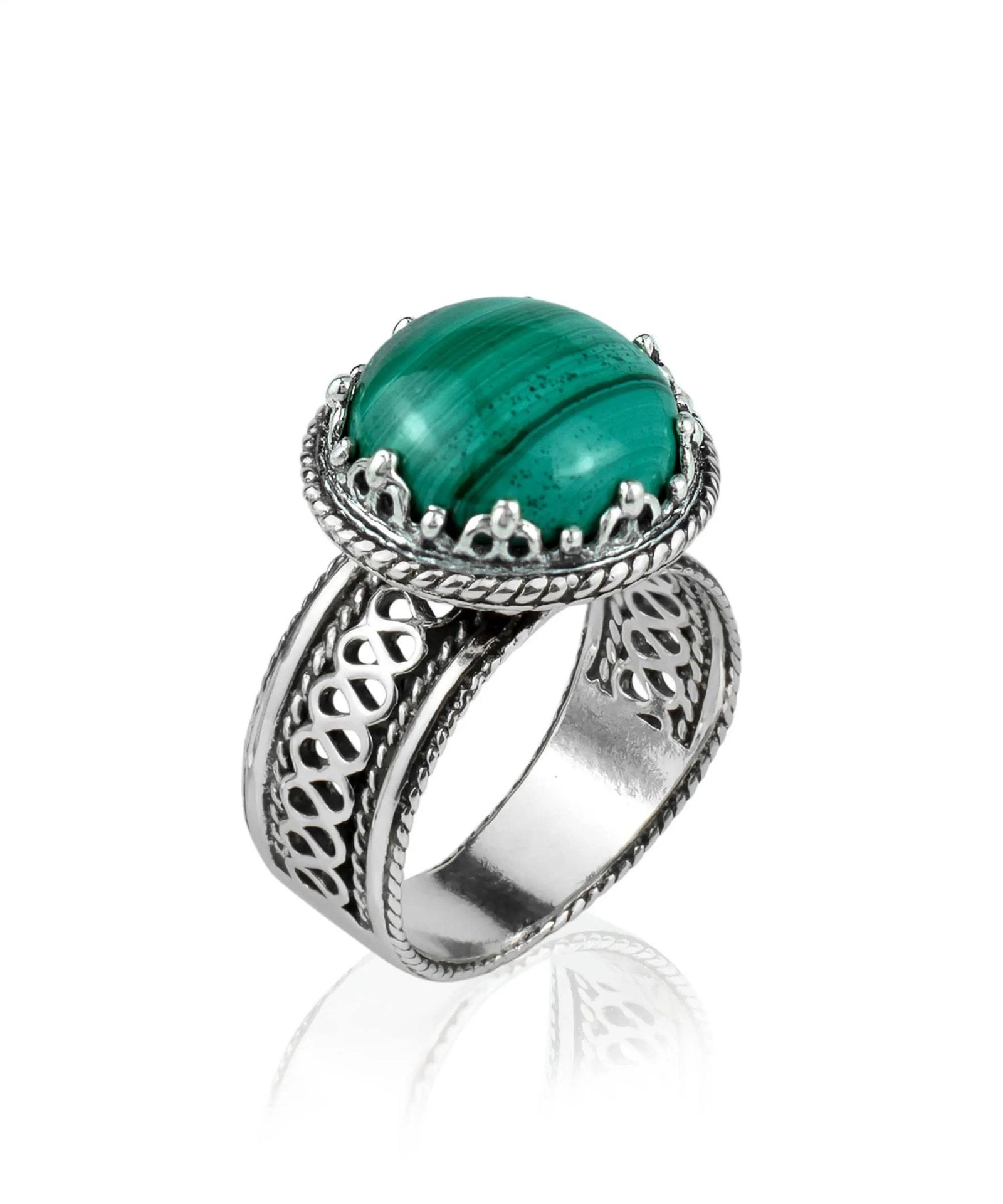 Filigree Art Malachite Gemstone Women Silver Cocktail Ring - Drakoi Marketplace