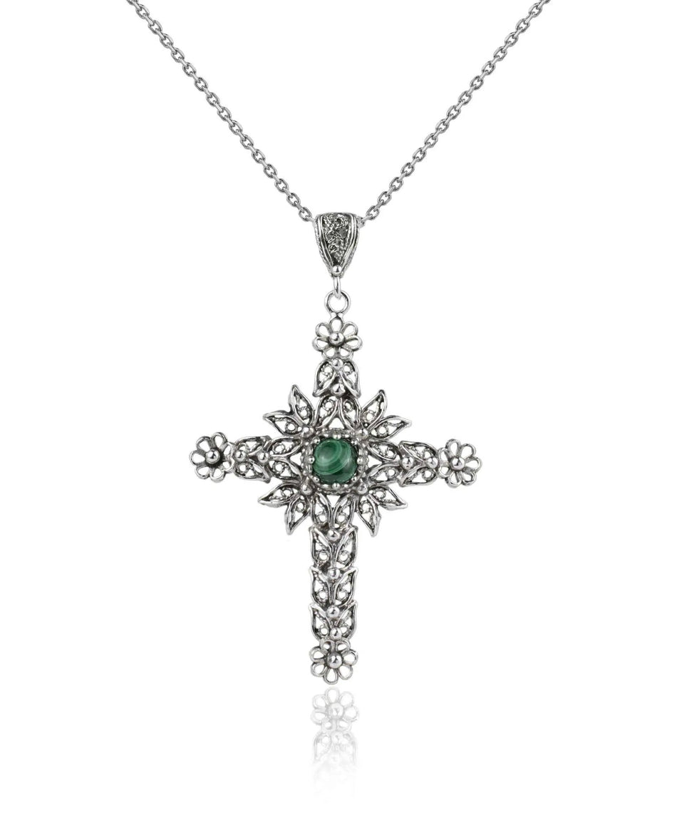 Filigree Art Malachite Gemstone Women Silver Cross Pendant Necklace - Drakoi Marketplace