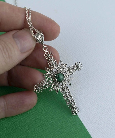 Filigree Art Malachite Gemstone Women Silver Cross Pendant Necklace - Drakoi Marketplace