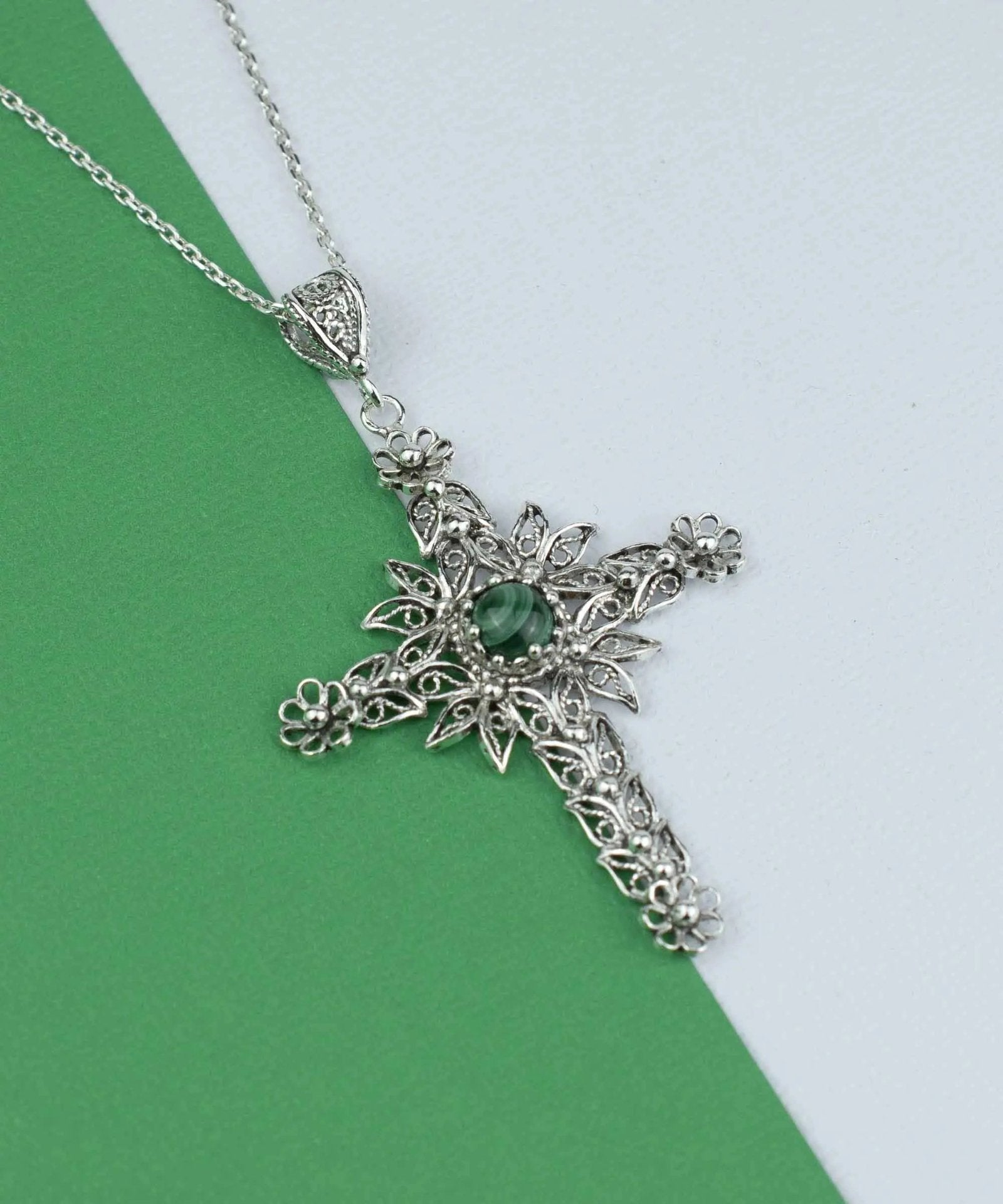 Filigree Art Malachite Gemstone Women Silver Cross Pendant Necklace - Drakoi Marketplace