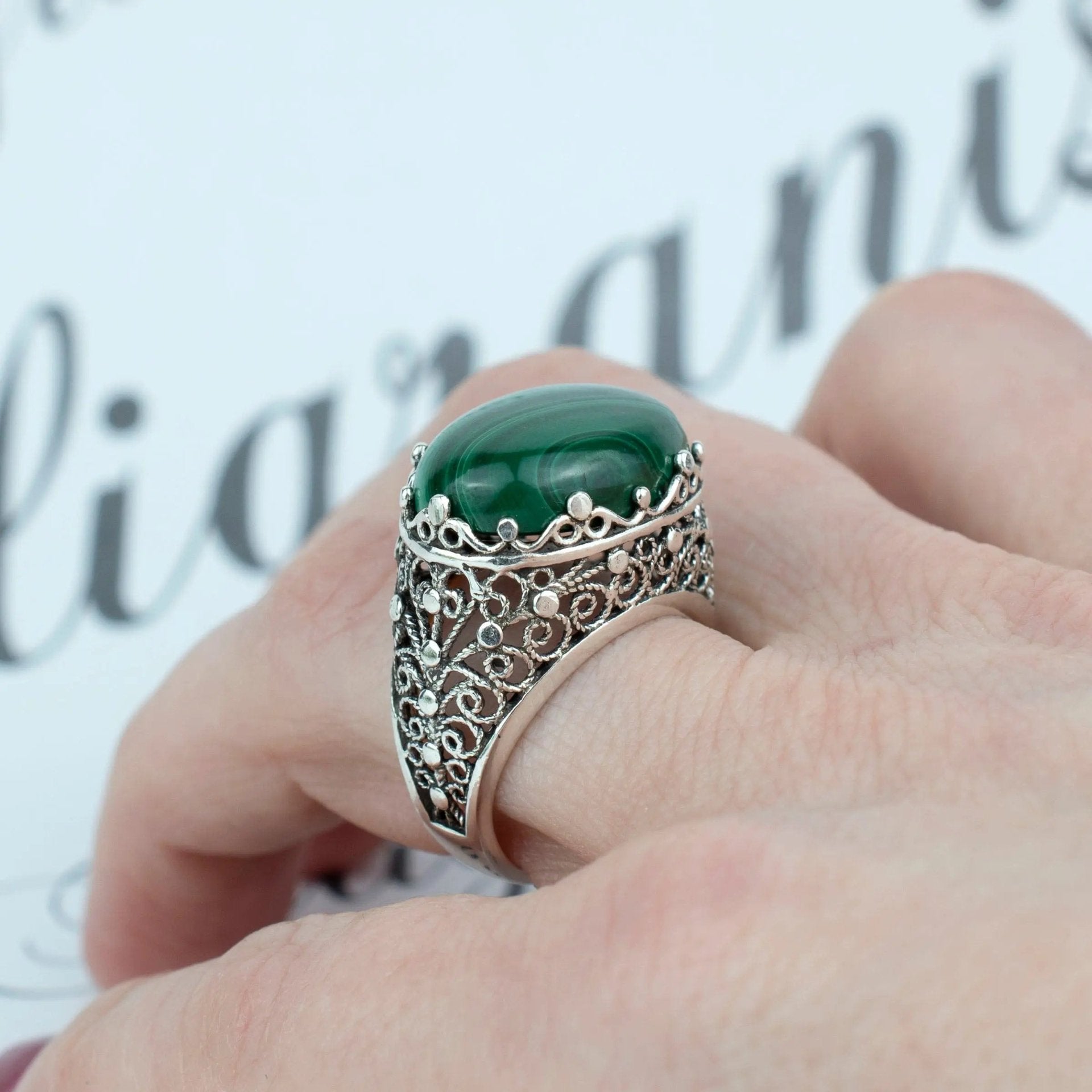 Filigree Art Malachite Gemstone Women Silver Dome Statement Ring - Drakoi Marketplace