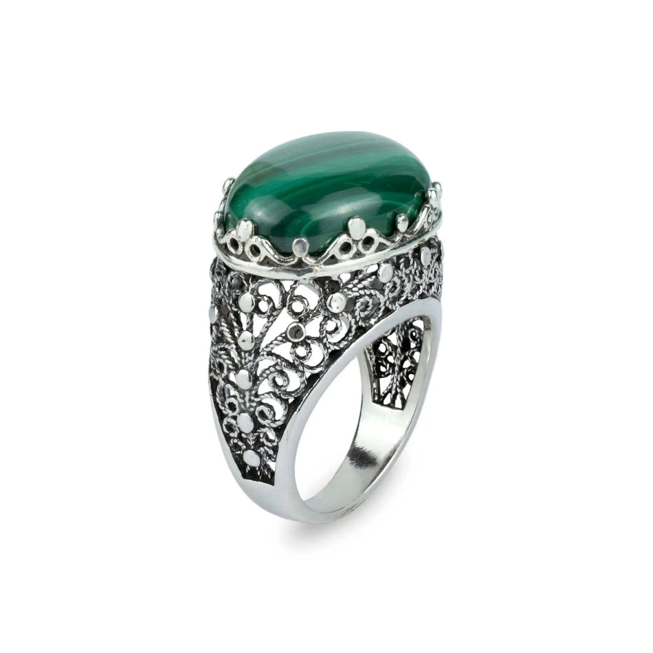 Filigree Art Malachite Gemstone Women Silver Dome Statement Ring - Drakoi Marketplace