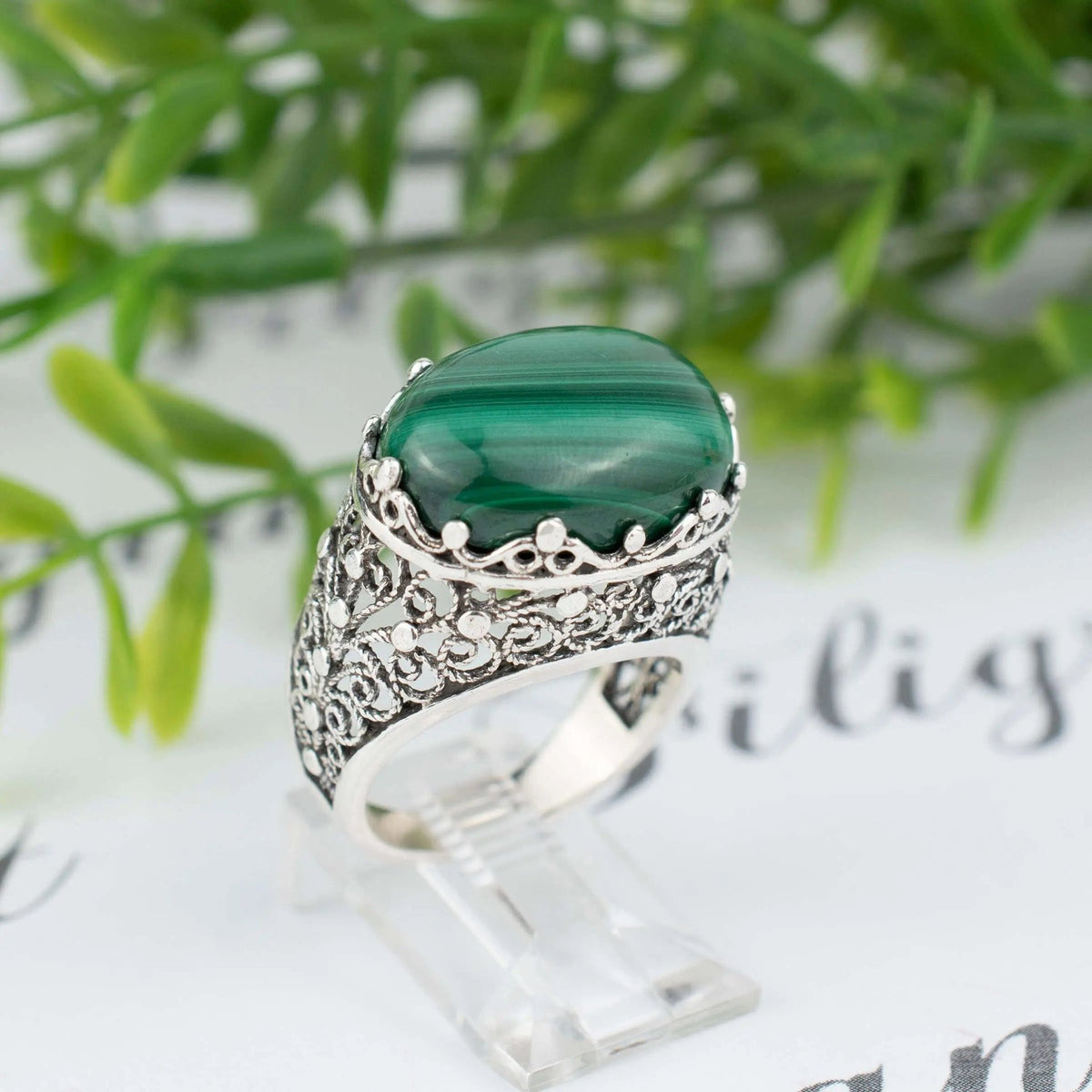 Filigree Art Malachite Gemstone Women Silver Dome Statement Ring - Drakoi Marketplace