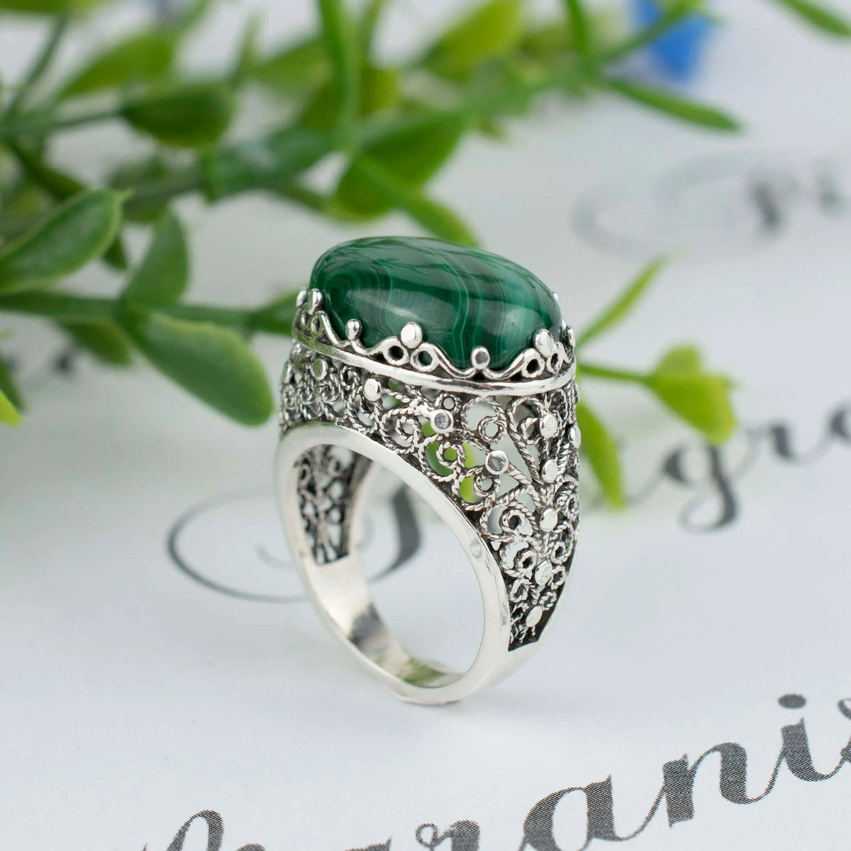 Filigree Art Malachite Gemstone Women Silver Dome Statement Ring - Drakoi Marketplace