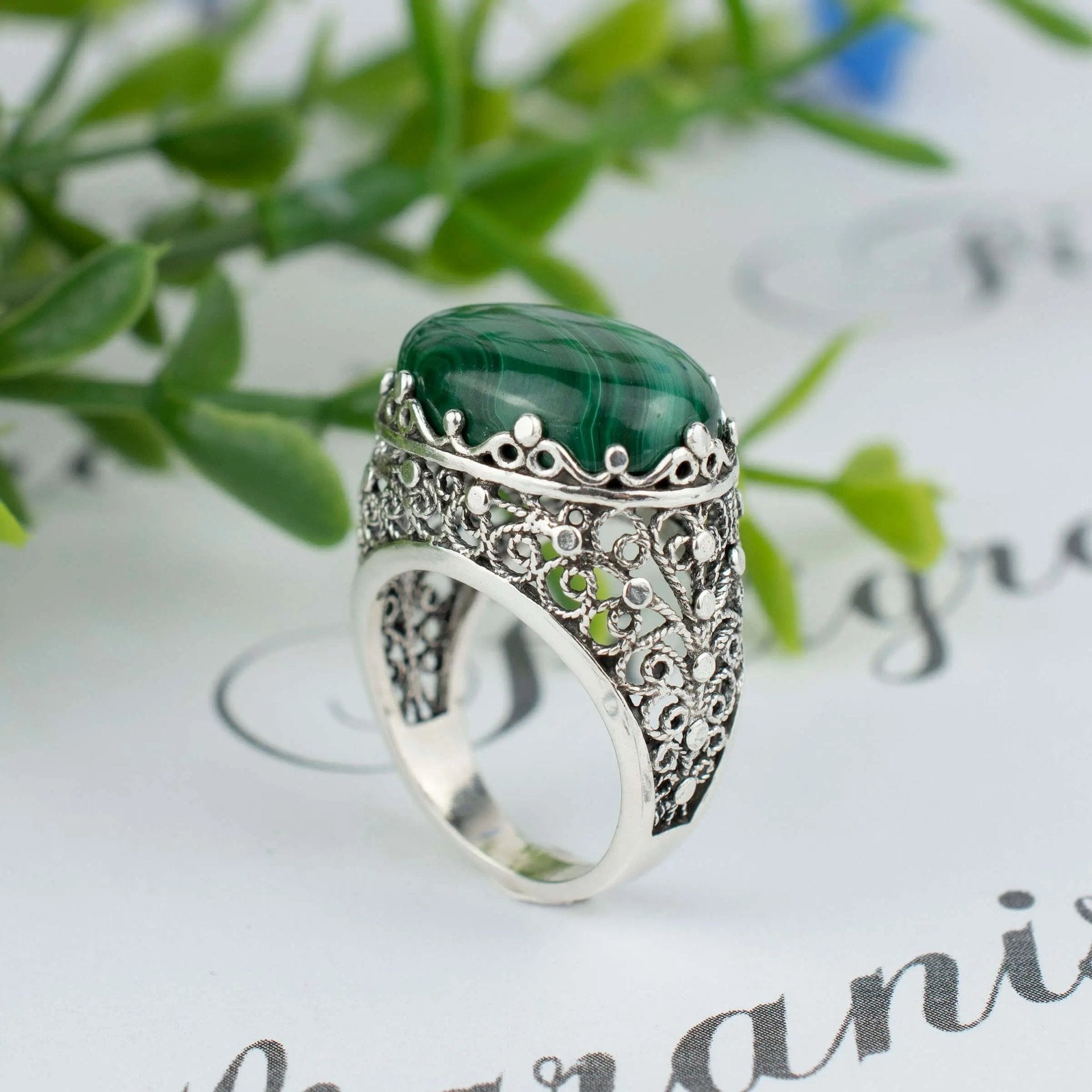 Filigree Art Malachite Gemstone Women Silver Dome Statement Ring - Drakoi Marketplace