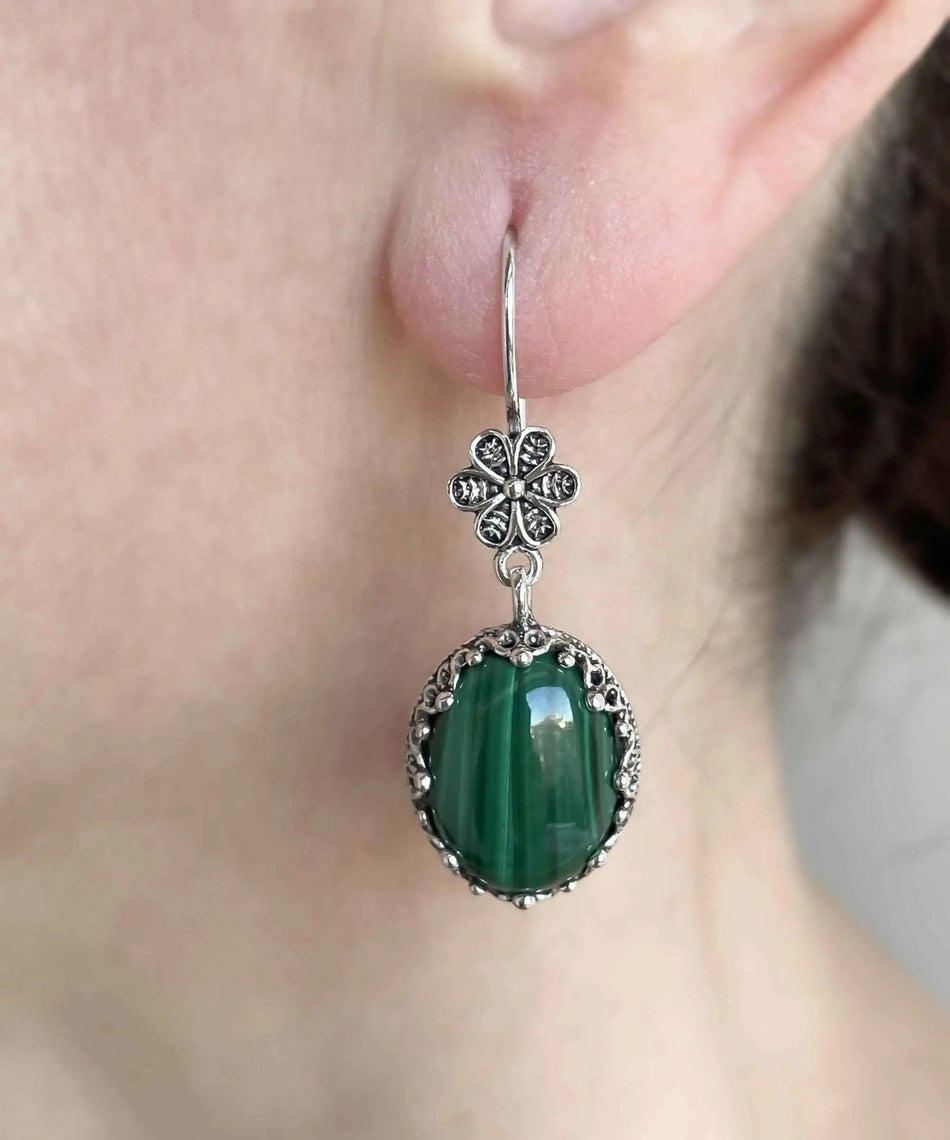 Filigree Art Malachite Gemstone Women Silver Oval Dangle Earrings - Drakoi Marketplace