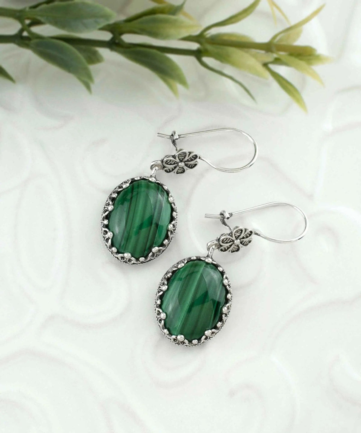 Filigree Art Malachite Gemstone Women Silver Oval Dangle Earrings - Drakoi Marketplace