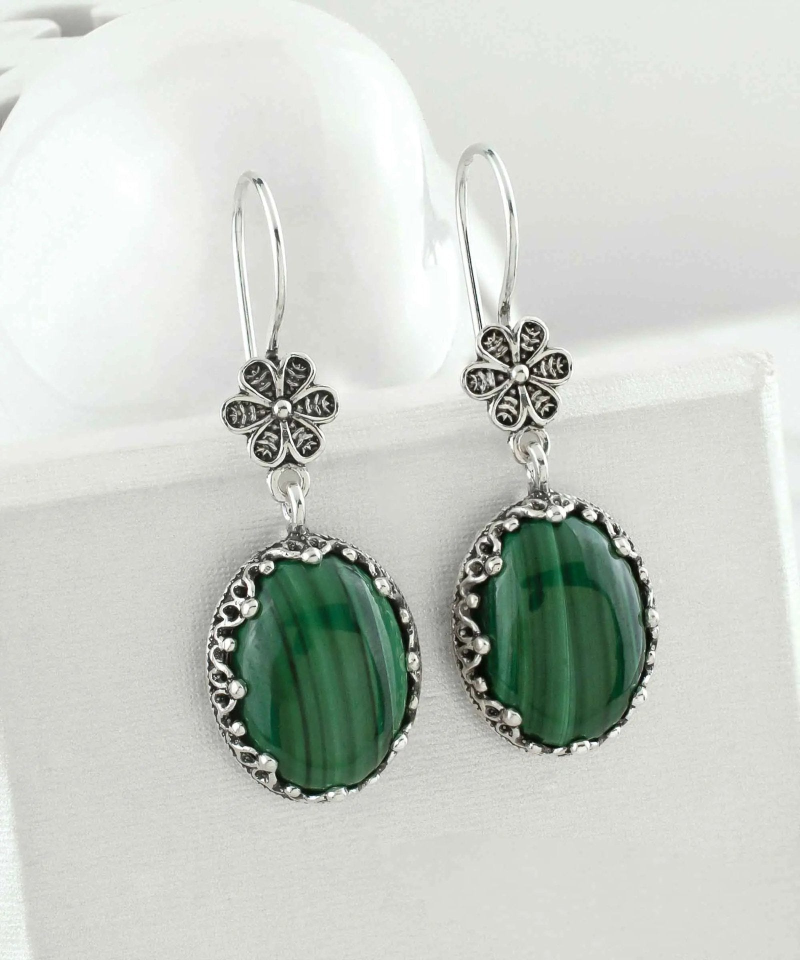 Filigree Art Malachite Gemstone Women Silver Oval Dangle Earrings - Drakoi Marketplace