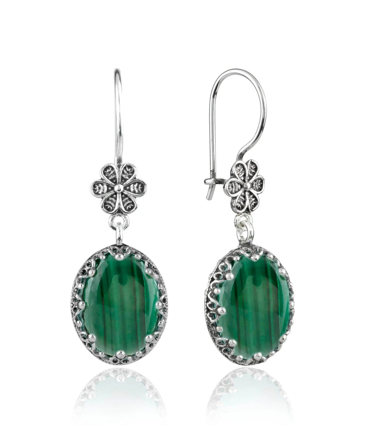 Filigree Art Malachite Gemstone Women Silver Oval Dangle Earrings - Drakoi Marketplace