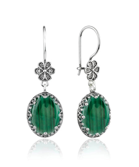 Filigree Art Malachite Gemstone Women Silver Oval Dangle Earrings - Drakoi Marketplace